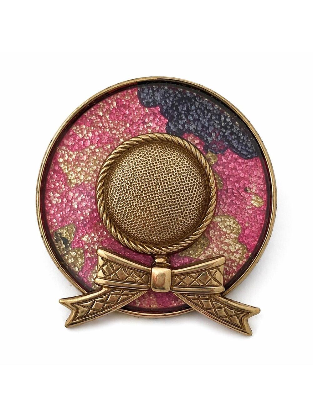 Vintage Round Enamel Brooch Pink Gold Tone Hat Ribbon Dome Unsigned Retro Pin